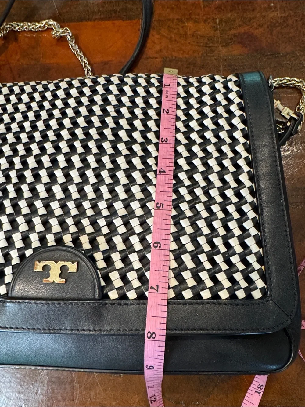 Tory Burch Black & White Woven Crossbody with Gold Chain